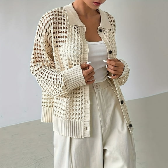 BSDJILFG Summer Cardigans for Women Crochet Top Lightweight Beach Cover-Ups Long Sleeve Hollow Out Button Up Shawls with Collar