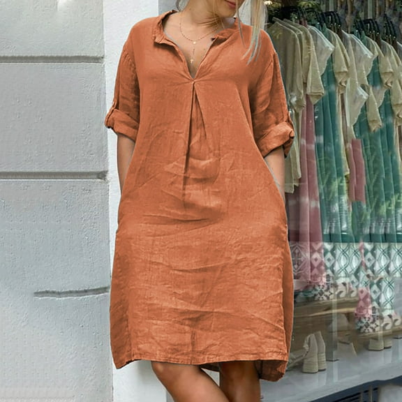 BSDJILFG Summer Casual Dresses for Women 2025,Long Sleeve Linen Maxi Dress,Button Up V-Neck Collar Beach Sundresses