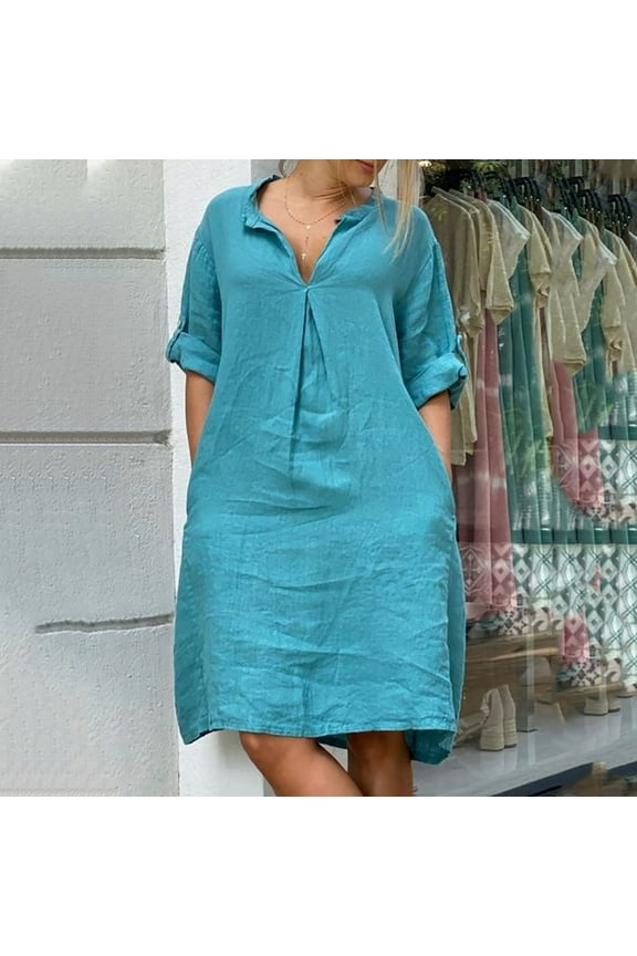 Summer Casual Dresses for Women 2025 ,Long Sleeve Linen Maxi Dress,Button Up V-Neck Collar Beach Sundresses