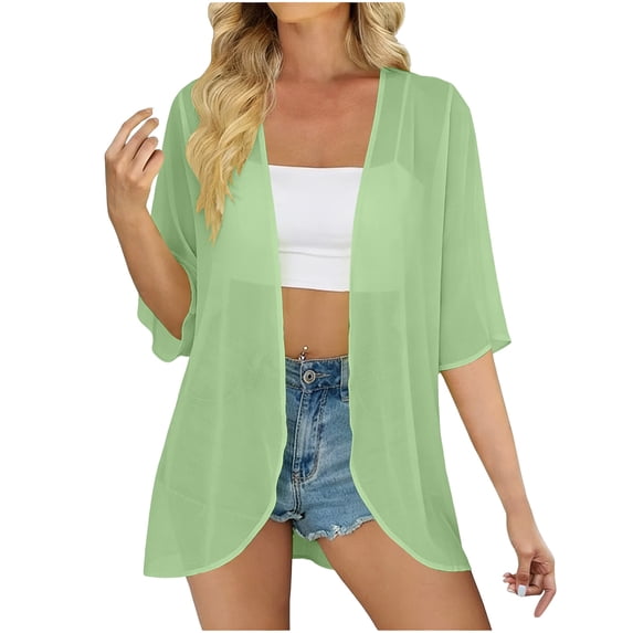 BSDJILFG Summer Cover Ups for Women 3/4 Sleeve Chiffon Top Dressy Lightweight Open Front Ruffle Cardigans