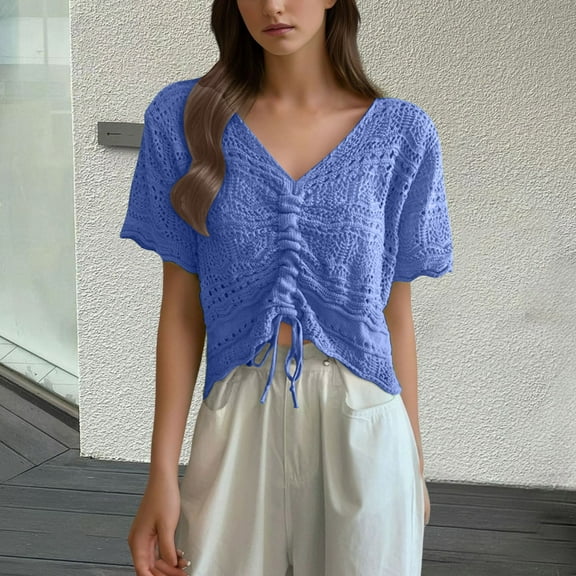 BSDJILFG Summer Crochet Top for Juniors Beach Cover Ups Hollow Out Short Sleeve V-Neck Ruched Crop Tops
