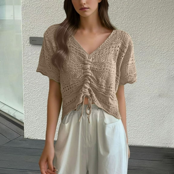 BSDJILFG Summer Crochet Top for Juniors Beach Cover Ups Hollow Out Short Sleeve V-Neck Ruched Crop Tops
