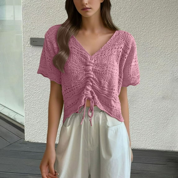 BSDJILFG Summer Crochet Top for Juniors Beach Cover Ups Hollow Out Short Sleeve V-Neck Ruched Crop Tops