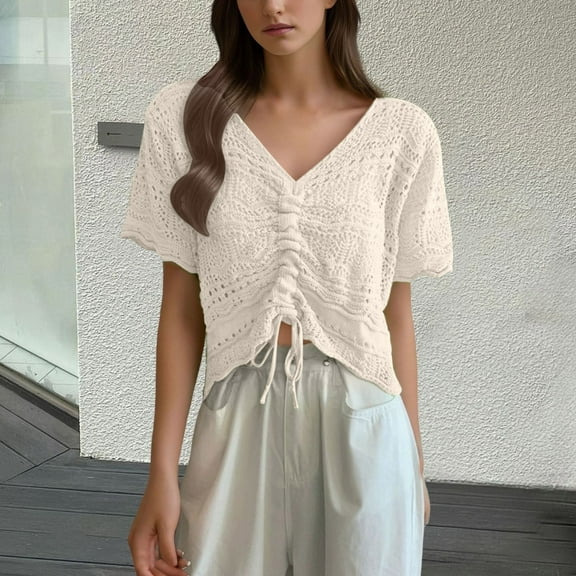 BSDJILFG Summer Crochet Top for Juniors Beach Cover Ups Hollow Out Short Sleeve V-Neck Ruched Crop Tops