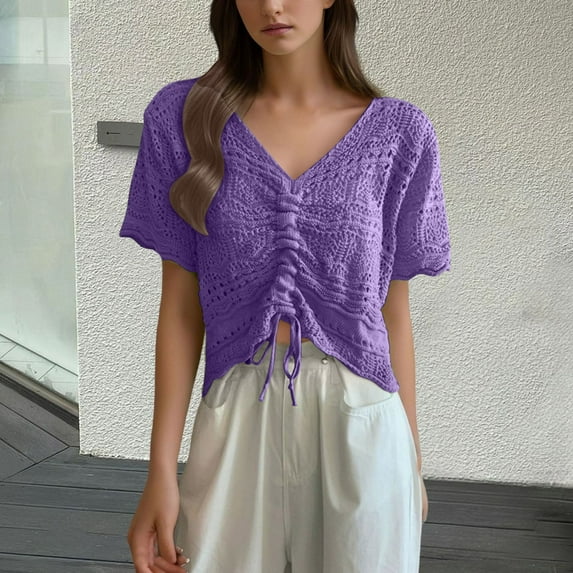 BSDJILFG Summer Crochet Top for Juniors Beach Cover Ups Hollow Out Short Sleeve V-Neck Ruched Crop Tops