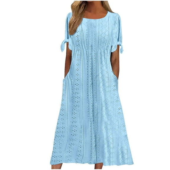 BSDJILFG Summer Eyelet Dress for Women High Waisted Retro Bohemian Dress Short Sleeve Crew Neck Ruffle Flowy Sundress