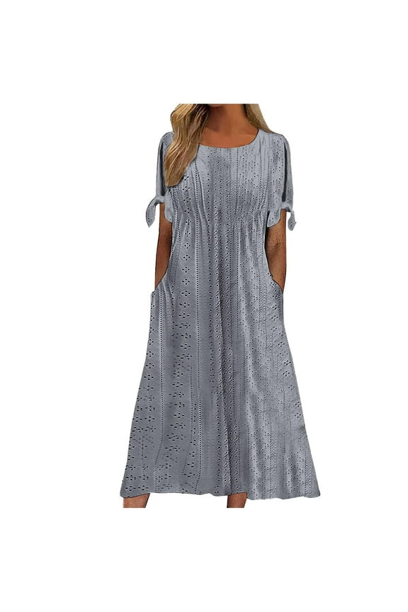 Summer Eyelet Dress for Women High Waisted Retro Bohemian Dress Short Sleeve Crew Neck Ruffle Flowy Sundress