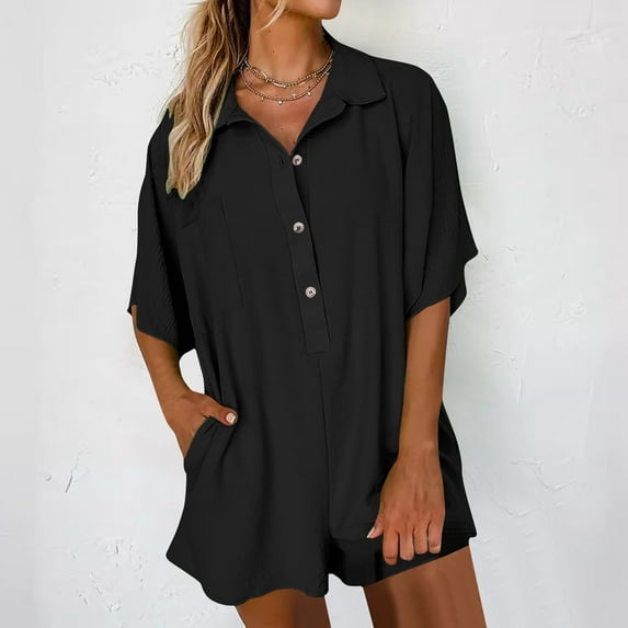 BSDJILFG Summer Rompers for Women 2025 Dressy Casual Short Jumpsuits Long Sleeve Shirts Comfy Ruffle Button Down Collared Loose Lounge Sleepwear Workwear Overalls