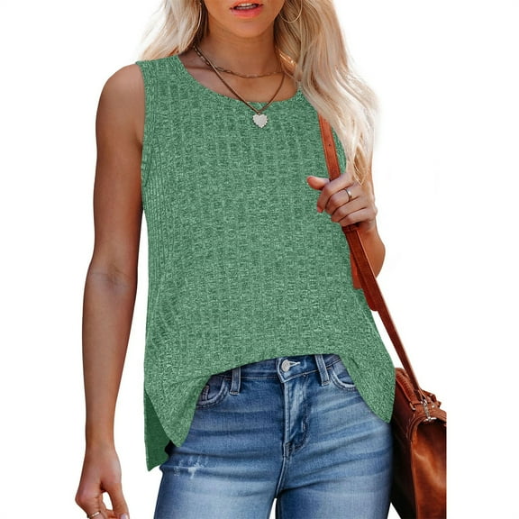 BSDJILFG Summer Tank Tops for Women Sleeveless Ribbed Knit Sweater Fray Basic Tees Crewneck Slim Fit Tunic Pullover Tops