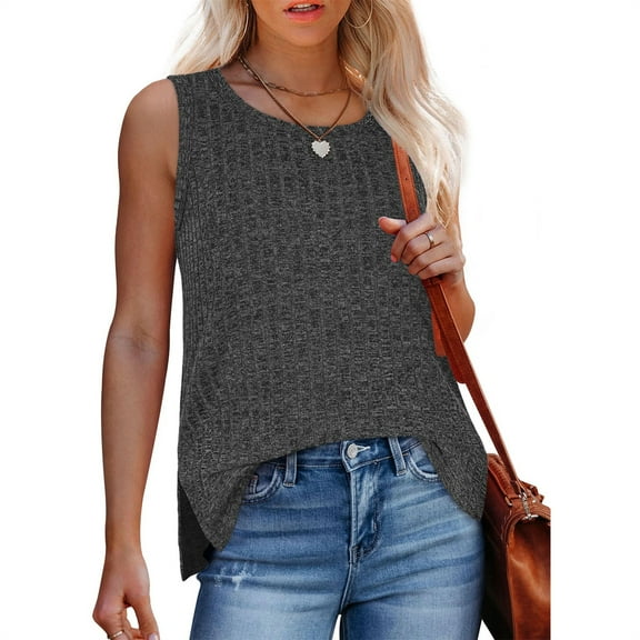 BSDJILFG Summer Tank Tops for Women Sleeveless Ribbed Knit Sweater Fray Basic Tees Crewneck Slim Fit Tunic Pullover Tops