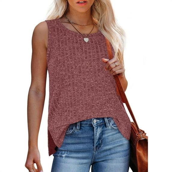 BSDJILFG Summer Tank Tops for Women Sleeveless Ribbed Knit Sweater Fray Basic Tees Crewneck Slim Fit Tunic Pullover Tops