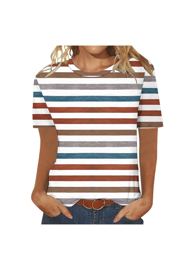 Summer Tops for Petite Women Vintage Striped T-Shirt Casual Short Sleeve Crewneck Lounge Shirts