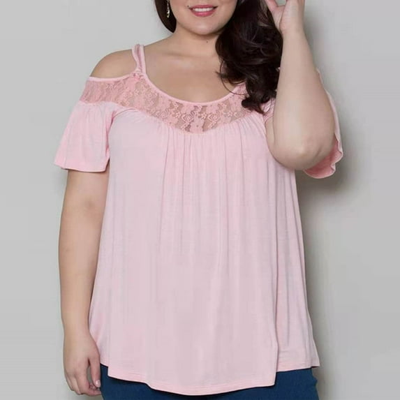 BSDJILFG Summer Tops for Women 2025 Plus Size Off Shoulder Lace T-Shirt New Trendy Solid Color Loose Fit Crewneck Pullover Blouse