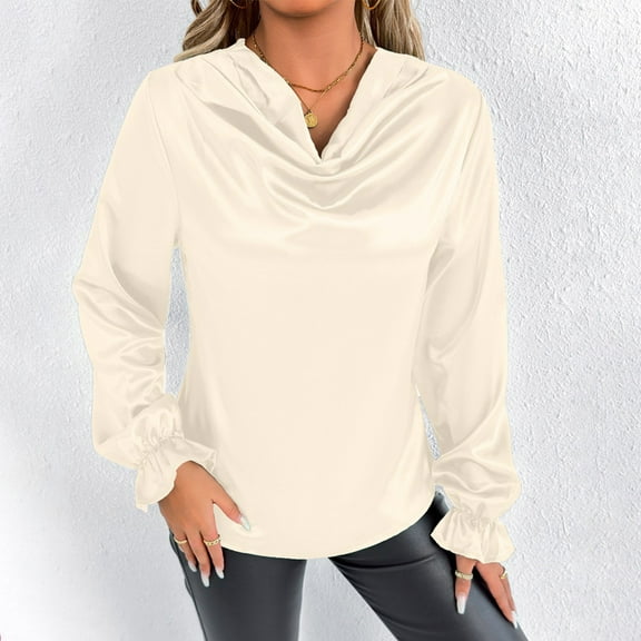 BSDJILFG Summer Tops for Women Dressy 2025 Satin Cowl Neck Tunic Top Long Sleeve Blouses for Wedding Party