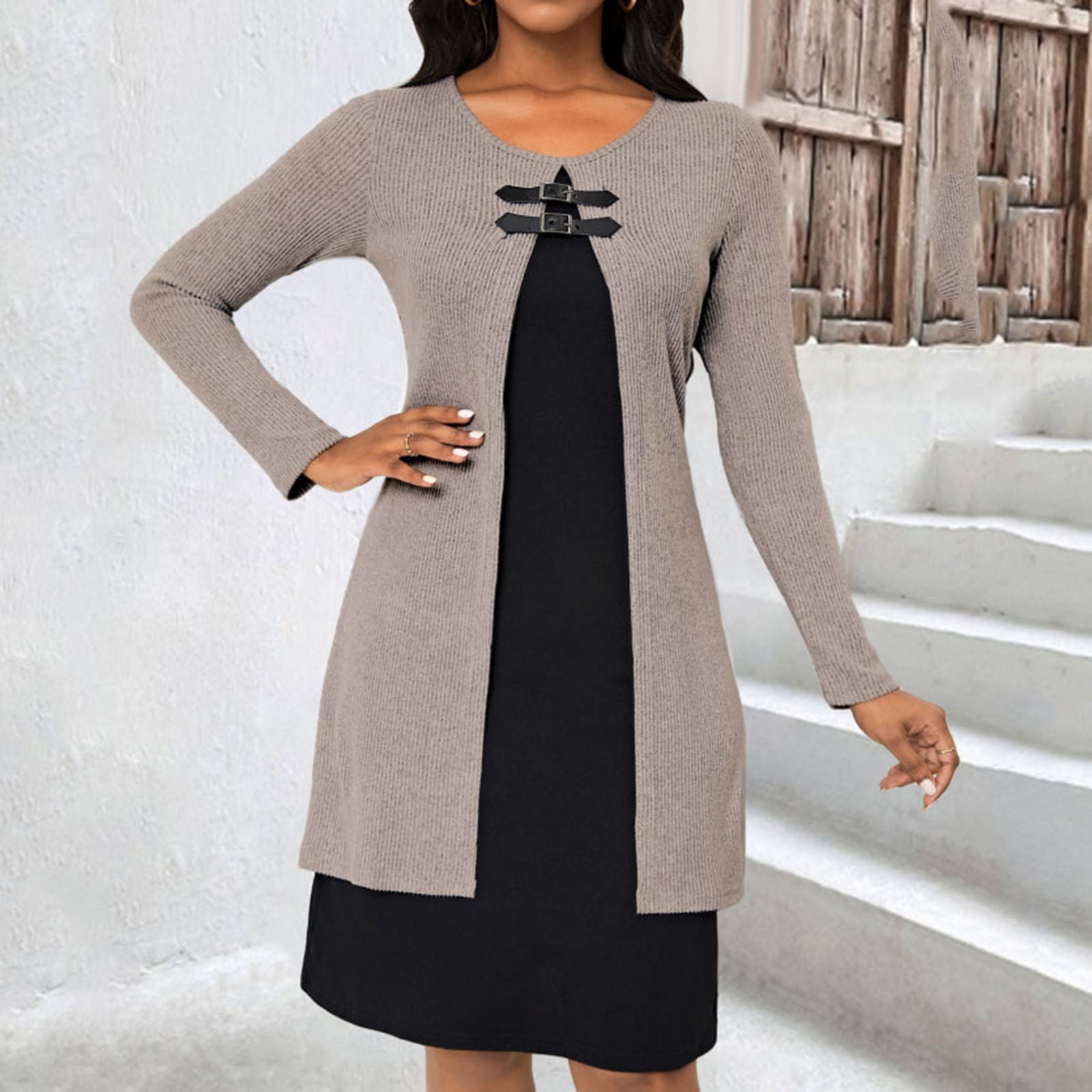 BSDJILFG Sweater Dress Long Sleeve Fall Winter Fake Two Piece Sets Button Mini Shirt Dress