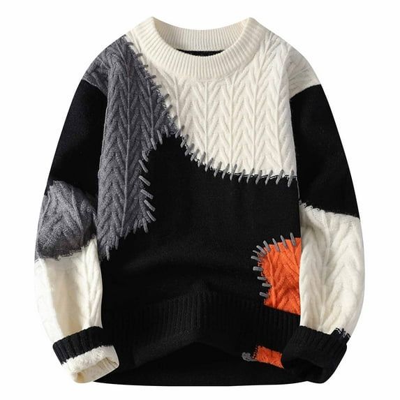 BSDJILFG Sweater for Men Sales M-4XL,Long Sleeve Sweatshirts Casual Color Block Cable Knit Soft Crewneck Winter Graphic Shirts