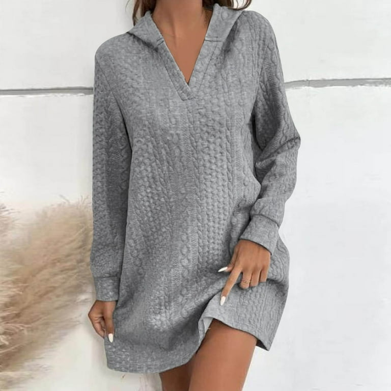 BSDJILFG Sweatshirt Dress for Women Cable Knit Blouse Solid Color Long Sleeve Henley Shirt V Neck Short Hooded Dress Rollbacks