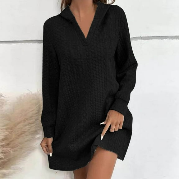 BSDJILFG Sweatshirt Dress for Women Cable Knit Blouse Solid Color Long Sleeve Henley Shirt V-Neck Short Hooded Dress Rollbacks