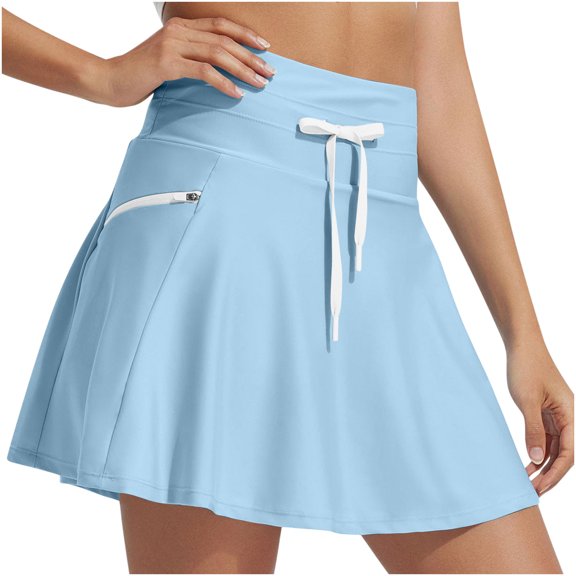 BSDJILFG Swim Skirts for Women Blue Mini Skirt Above the Knee Front Elastic Waist Drawstring Liner Tennis Golf Skirts with Pockets Swimwear Bottom
