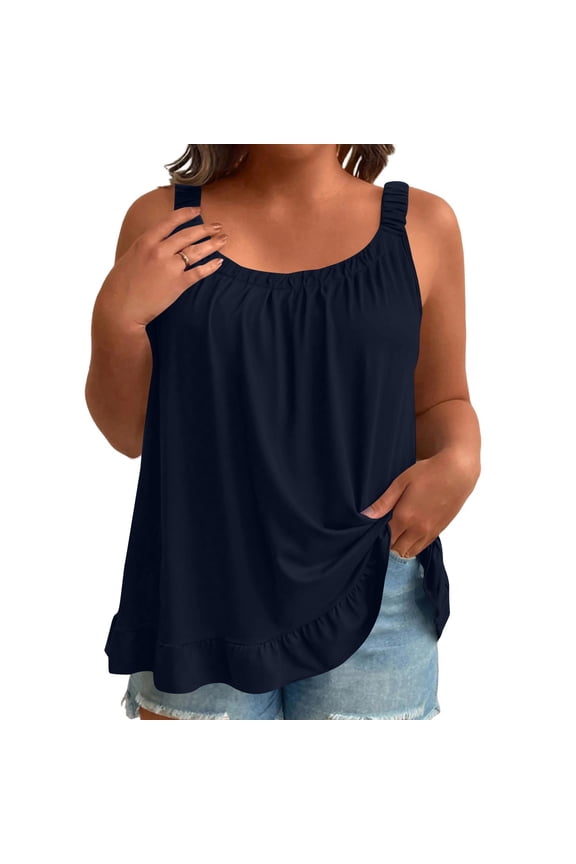 Tank Tops for Women Plus Size Cute Linen Shirts Loose Fit Ruched Strappy Ruffle Flowy Cami Tee Blouse,XL-5XL