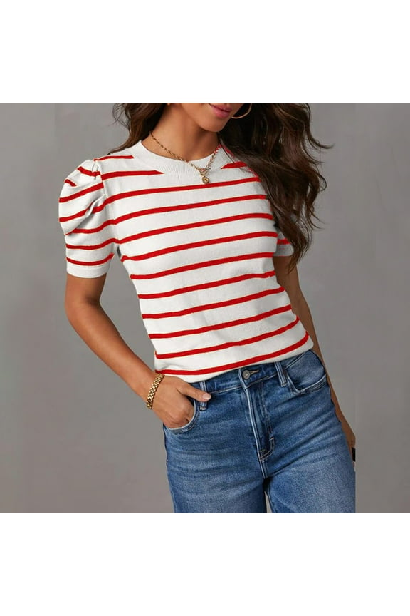 Tshirts for Women Summer Y2K Striped Print Puff Short Sleeve Tops Crewneck Casual Blouses Basic Tee Shirts for Women Tunics