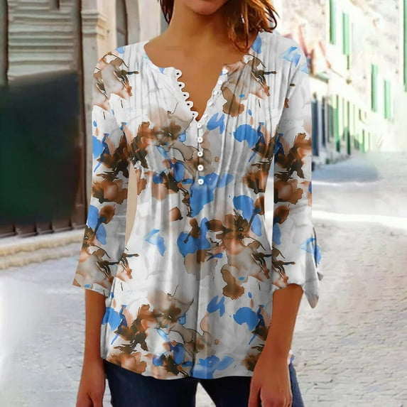 BSDJILFG Tunics for Women 3/4 Bell Sleeve Floral Peplum Tops Button Up Pleated Cutout V-Neck Work Blouses Summer Sales
