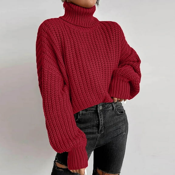 BSDJILFG Turtle Neck Sweaters for Women Lantern Sleeve Pullovers Loose Fit Chunky Knit Tunic Blouse