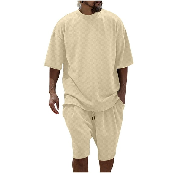 BSDJILFG Two-Piece Lounge Pajama Sets for Father's Day Men's Casual Solid Color Crew Neck Shirt and Drawstring Shorts M-3XL