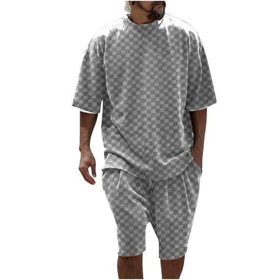 BSDJILFG Two-Piece Lounge Pajama Sets for Father's Day Men's Casual Solid Color Crew Neck Shirt and Drawstring Shorts M-3XL