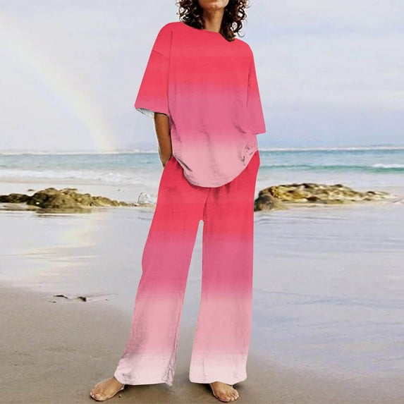 BSDJILFG Two Piece Pajamas for Women Plus Size Casual Lounge Sets Gradient Color Loose Fit Lounge Printed 1/2 Sleeve Crewneck Round Hem T-Shirts Elastic Long Wide-Leg Pants S-5XL