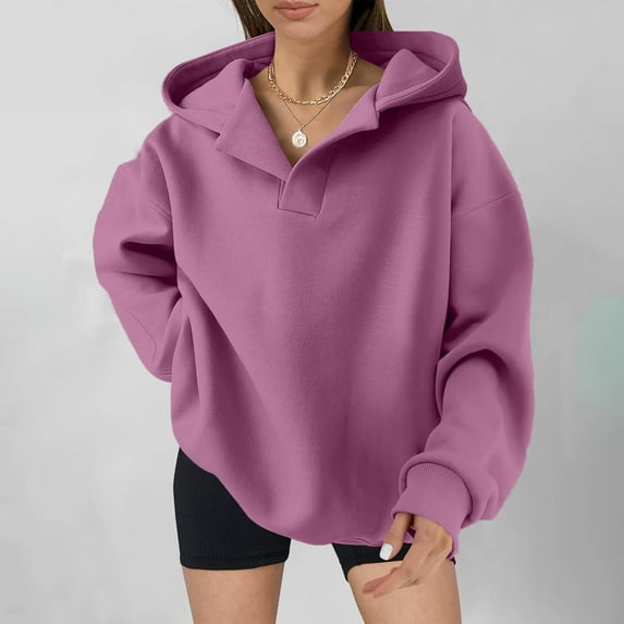 BSDJILFG V-Neck Hooded Sweatshirt for Juniors Loose Fit Hoodie Long Sleeve Solid Color Pullovers