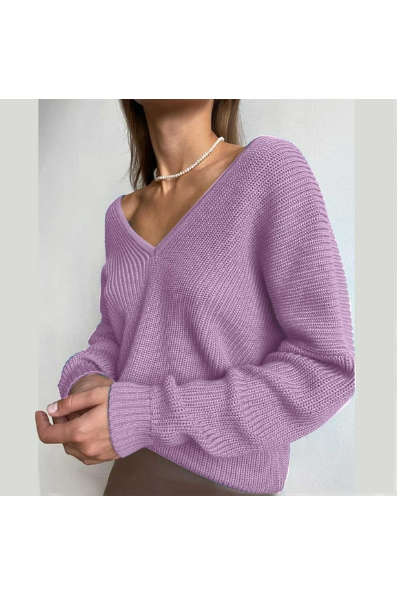 V-Neck Sweaters for Women Ribbed Knit Shirt Long Sleeve Drop Shoulder Pullover Tunics