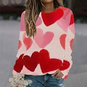 BSDJILFG Valentine's Day Womens Shirts Plus Size Tops Juniors Cute Hearts Print Crewneck Basic Tees Birthday Gifts