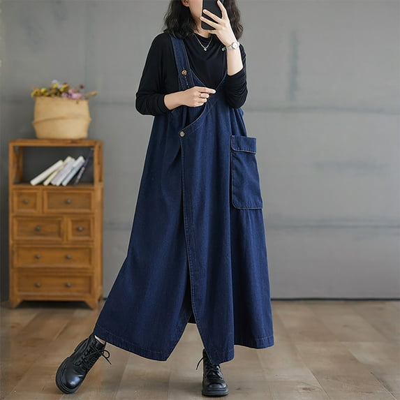 BSDJILFG Vintage Denim Dress Long Shirt Dress Crewneck Retro Shirt Denim Overalls Oversized Stretch Loose Camisole Rompers Rollbacks