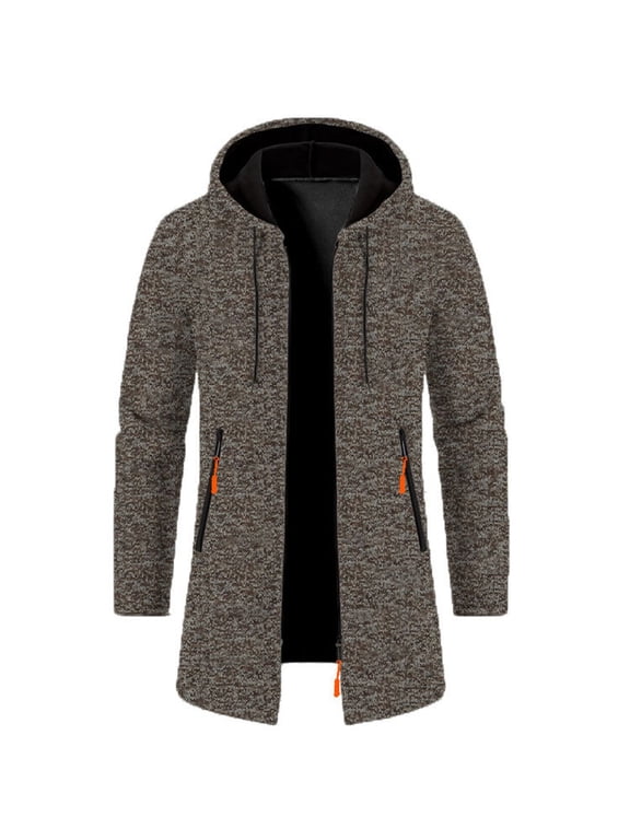 Vintage Sweaters for Men Winter Casual Open Front Fleece Zip-Up Cardigans Athletic Workout Outdoors Jackets Hood with Pockets Long Sleeve Standing Collar Tops Pullover Loose Fit