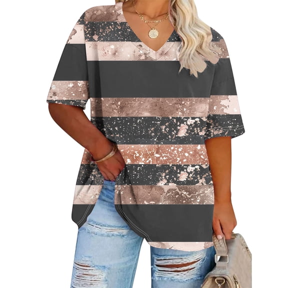 BSDJILFG Vintage Tops for Women Plus Size Basic Tees Boho Tops for Women Cotton Tunic Short Sleeve V-Neck Lounge Tops Sleepwear ,XL-5XL