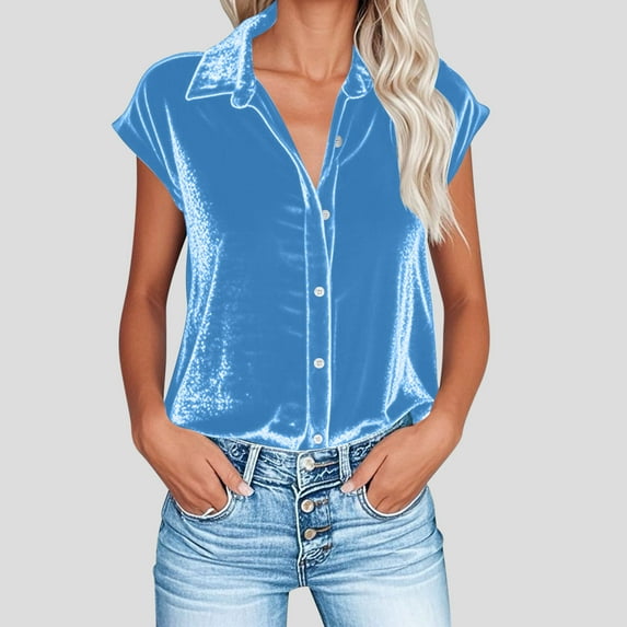 BSDJILFG Vintage Velvet Shirts for Women Short Cap Sleeve Button Down Blouse with Collar for Office Workwear Evening Party
