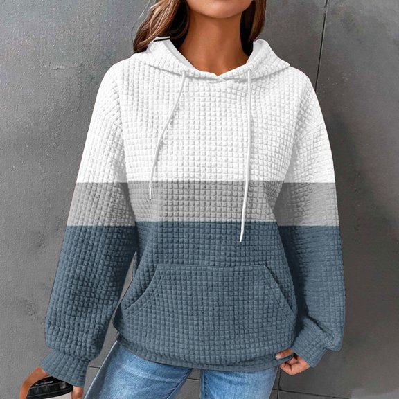 BSDJILFG Waffle Sweatshirts for Women Color Blocked Hoodie Oversized Loose Fit Pullover with Drawstring