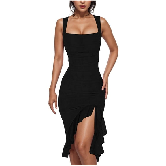 BSDJILFG Wedding Guest for Women Square Neck Ruched Graduation Dress Sleeveless Camisole Sweetheart Neck Bodycon Wrap Tassel Dress