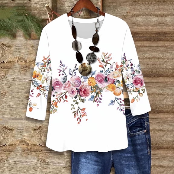 BSDJILFG White T-Shirt Women Plus Size 3/4 Sleeve Summer Tops Dressy Casual Floral Print Loose Tunic Blouse