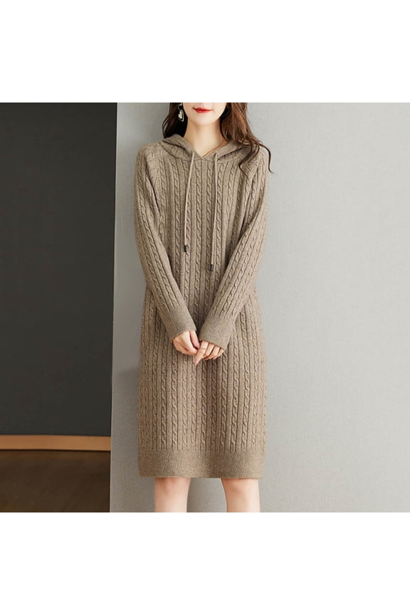 Women Sweater Dress for Fall with Hood,Soft Thick Ribbed Knit Loose Fit Midi Dress,Long Sleeve V-Neck Hoco Dress