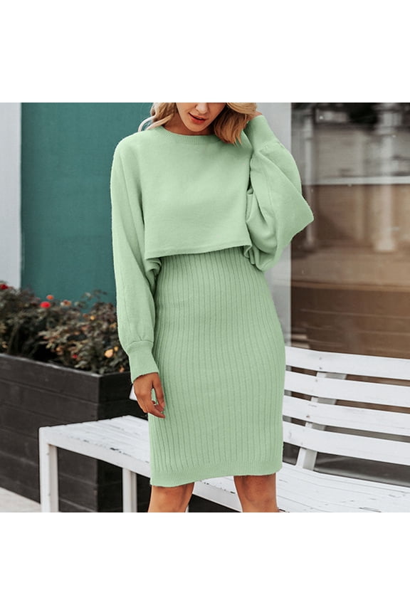 Women Sweater Dress for Winter,2 Piece Fall Outfits,Long Sleeve Trendy Crop Top and Wrap Midi Skirts