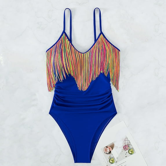 BSDJILFG Women's Bikini Swimsuits ,One-Piece High Waisted Bikini Spaghetti Strap Tassel Bodysuits for Women Summer Bathing Suits