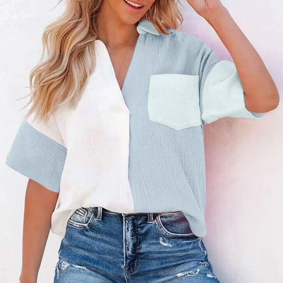 BSDJILFG Women's Blouse Summer Lapel Tops Button Down Short Sleeve V Neck Shirts Casual Colorblock Leisure Lounge Blouse on Summer Saving Clearance