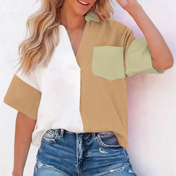 BSDJILFG Women's Blouse Summer Lapel Tops Button Down Short Sleeve V Neck Shirts Casual Colorblock Leisure Lounge Blouse on Summer Saving Clearance