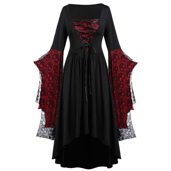 BSDJILFG 50% ,Women's Plus Size Sleeve Skull Lace Print Fashion Long Sleeve Bandage Retro Long Dress Pirate Dresses