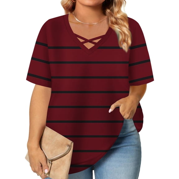 BSDJILFG Women's Plus Size Tops Summer Casual Pajama Top Short Sleeve Striped Sleepwear Shirt Loose Fit Tees Cross V-Neck Shirt Lounge Blouse ,XL-5XL