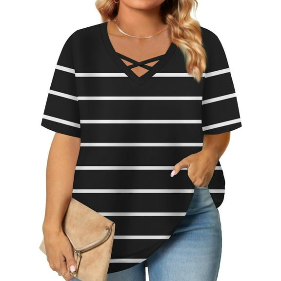 BSDJILFG Women's Plus Size Tops Summer Casual Pajama Top Short Sleeve Striped Sleepwear Shirt Loose Fit Tees Cross V-Neck Shirt Lounge Blouse ,XL-5XL