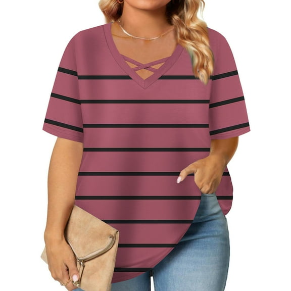 BSDJILFG Women's Plus Size Tops Summer Casual Pajama Top Short Sleeve Striped Sleepwear Shirt Loose Fit Tees Cross V-Neck Shirt Lounge Blouse ,XL-5XL