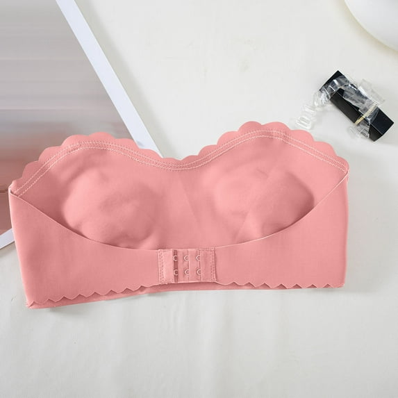 BSDJILFG Women's Strapless Bra Bandeau Bra Scallop Trim Wireless Bralettes Front Closure Sleeveless Seamless Bras Tube Top Fall Bra